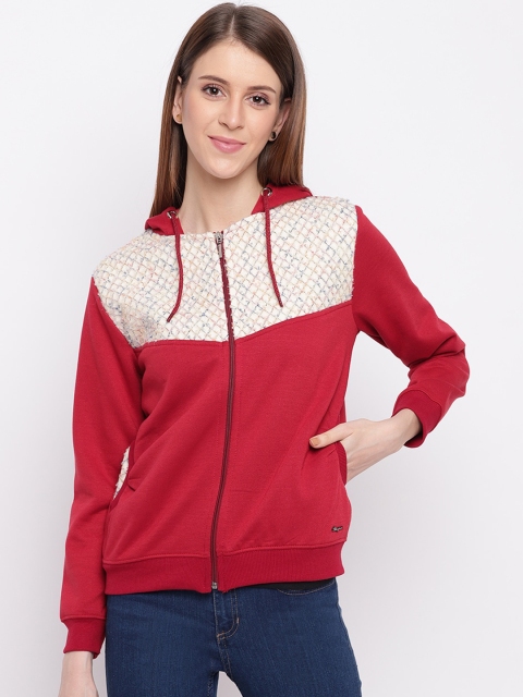 

Miss Grace Women Maroon & Off-White Colourblocked Hooded Sweatshirt