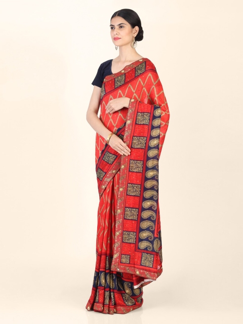 CLAI WORLD Red & Navy Blue Poly Georgette Woven Design Saree