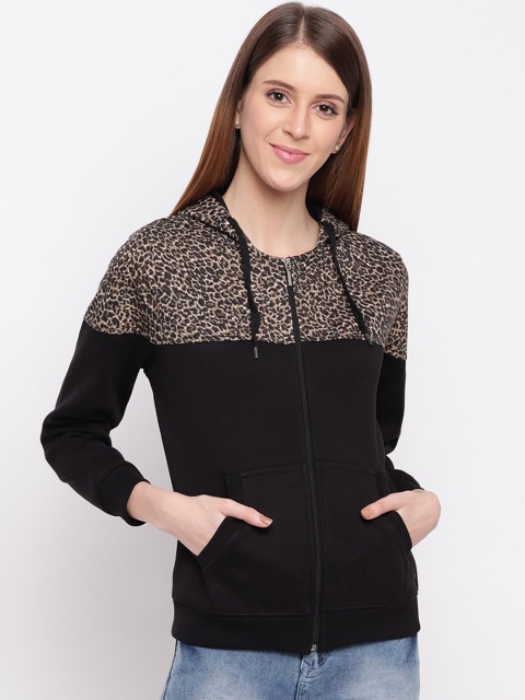 Miss Grace Women Beige & Black Colourblocked Hooded Sweatshirt