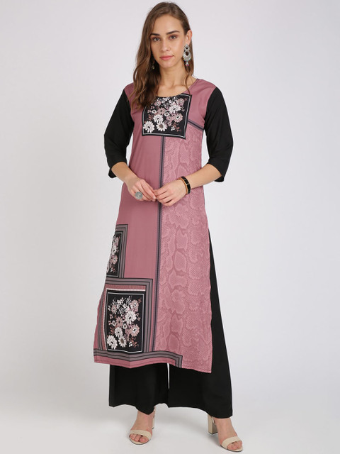 

Silk Bazar Women Pink & Black Yoke Design Straight Kurta