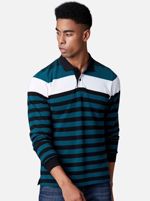 

MARCA Disati Men Teal Blue & Black Striped Polo Collar T-shirt