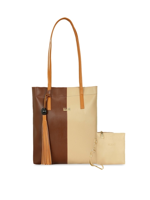 

KLEIO Brown & Beige Colourblocked Tote Bag with Pouch