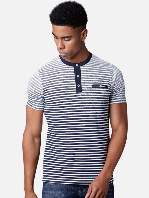 

MARCA Disati Men White Striped Henley Neck T-shirt