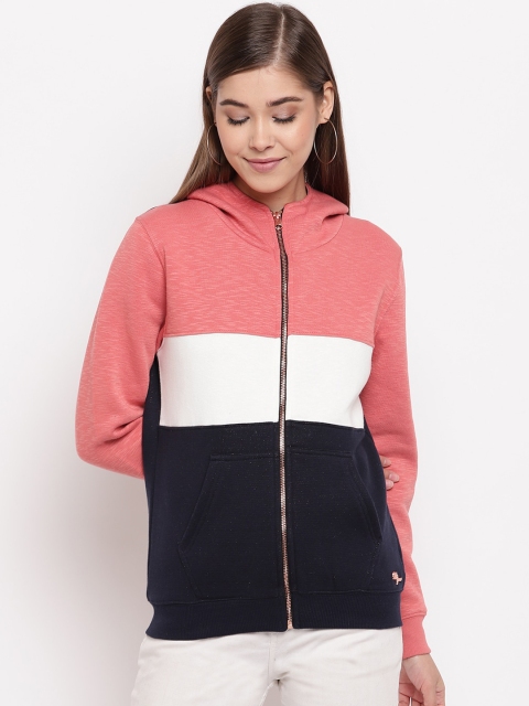 Miss Grace Women Pink & Navy Blue Colourblocked Hooded Sweatshirt