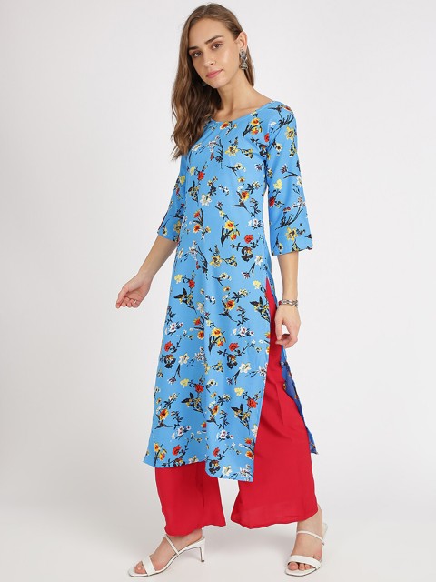 

Silk Bazar Women Blue & Red Floral Print Straight Kurta