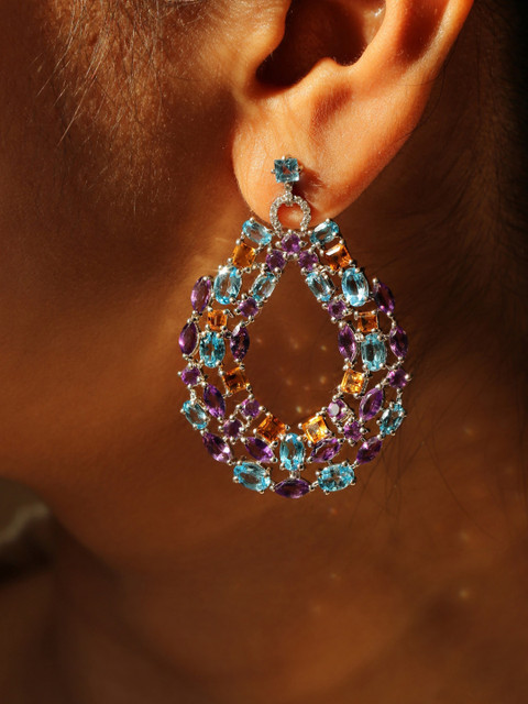 

Bigsmall Purple & Blue Teardrop Shaped Handcrafted Drop Earrings