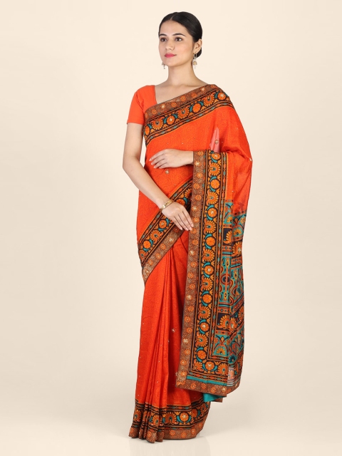 

CLAI WORLD Orange & Blue Poly Georgette Printed Saree
