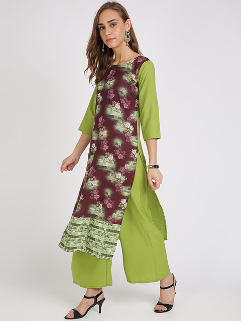 

Silk Bazar Women Green & Maroon Floral Printed Straight Kurta
