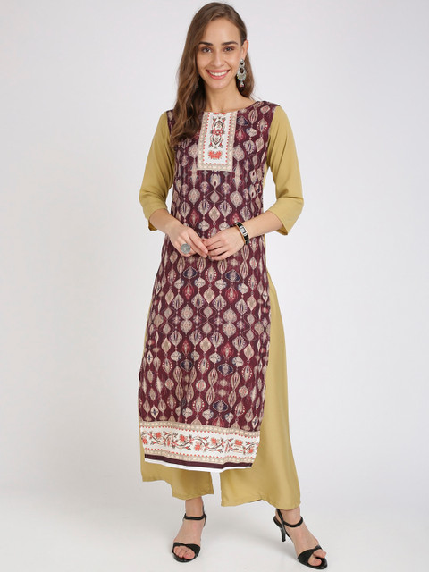 

Silk Bazar Women Magenta & Khaki Printed Straight Kurta
