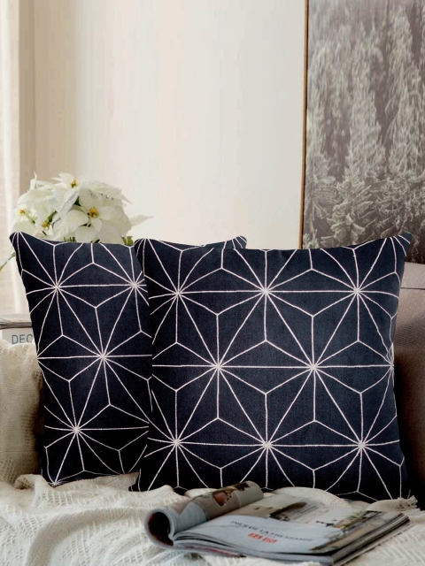 

LUXENMEAD Navy Blue & White Set of 2 Embroidered Square Cushion Covers