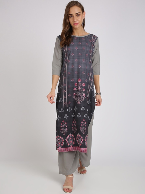 

Silk Bazar Women Grey & Pink Floral Printed Straight Kurta