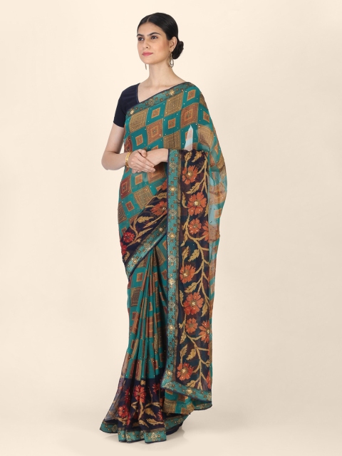 CLAI WORLD Blue & Beige Poly Georgette Printed Saree