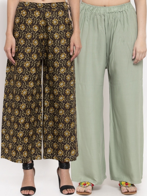 

TAG 7 Women Set Of 2 Green & Brown Printed Flared Palazzos