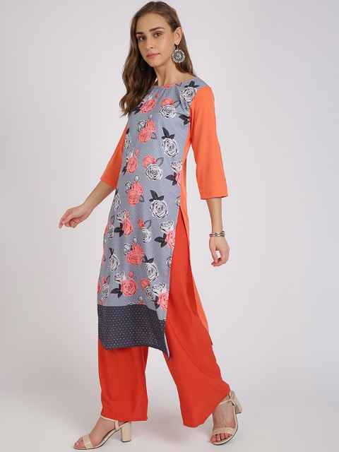 

Silk Bazar Women Grey & Orange Printed Straight Kurta