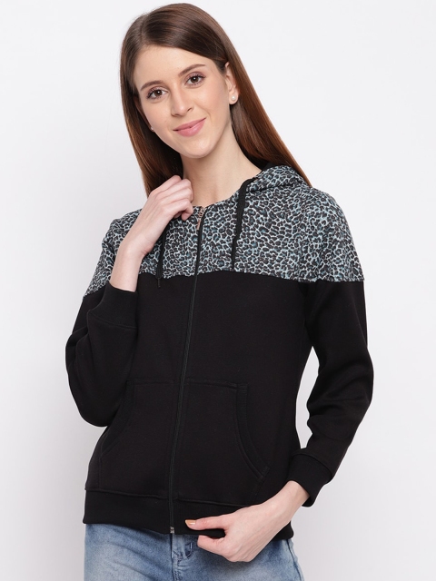 

Miss Grace Women Blue & Black Animal Printed Hooded Sweatshirt