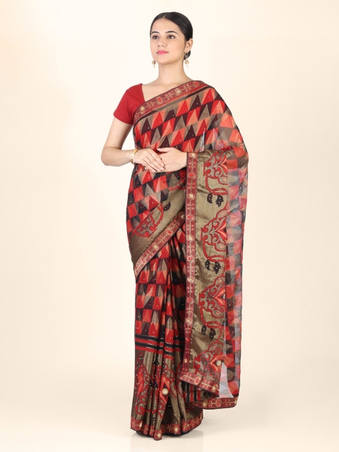 

CLAI WORLD Red & Black Poly Georgette Checked Saree