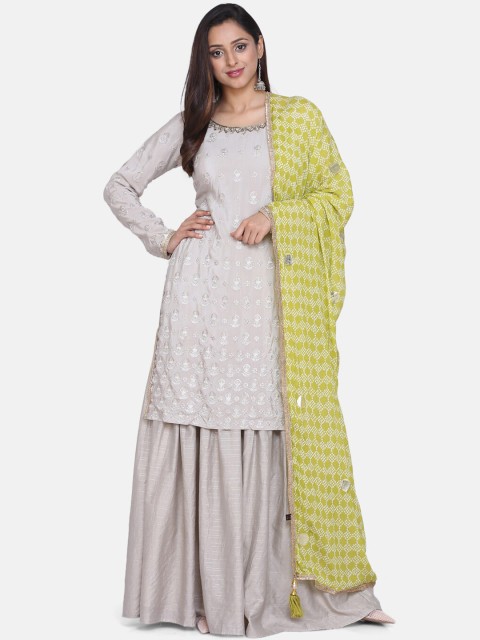 

BOMBAY SELECTIONS Women Grey & Green Embroidered Kurta with Sharara & Dupatta