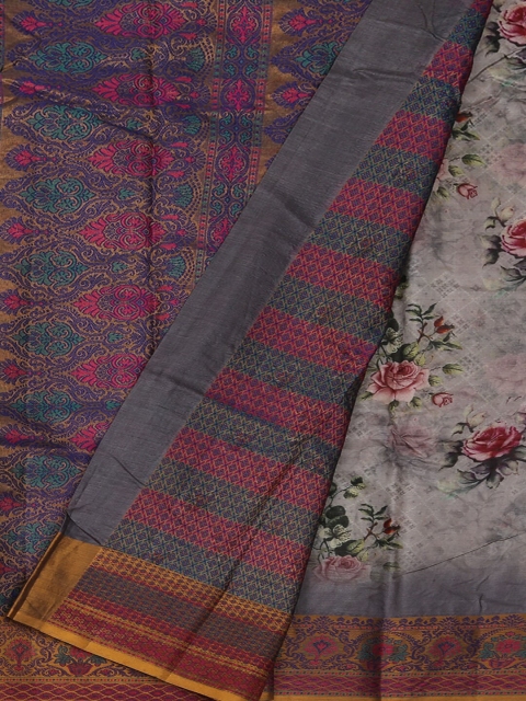 

Pothys Charcoal & Mustard Yellow Jute Silk Printed Saree