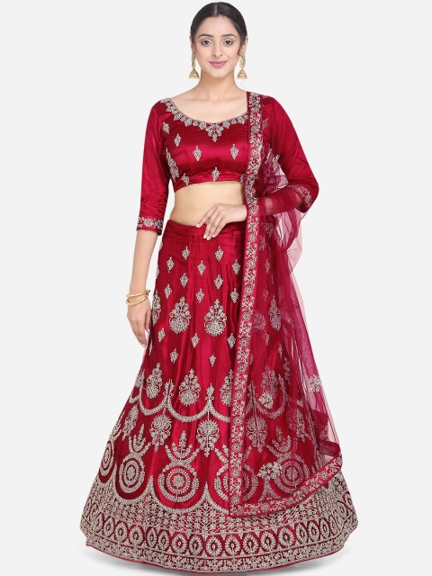 

Mitera Maroon & Silver-Coloured Embroidered Semi-Stitched Lehenga & Unstitched Blouse With Dupatta
