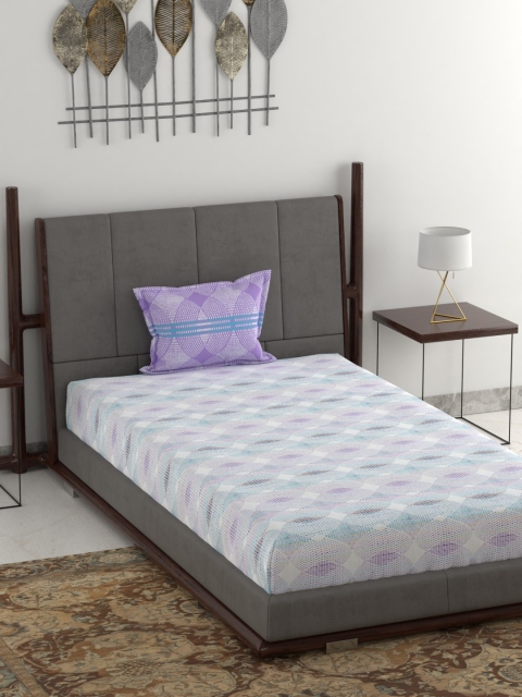

Trident Purple & White Abstract 144 TC Cotton 1 Single Bedsheet with 1 Pillow Cover