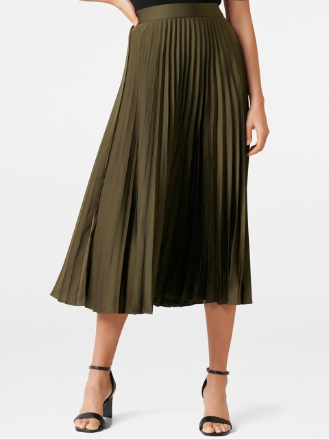 Forever New Women Olive Green Accordion Pleated Flared Skirt