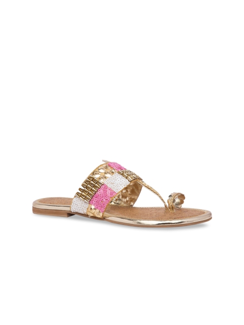 

Inc 5 Women Gold-Toned Embellished Synthetic Patent T-Strap Flats