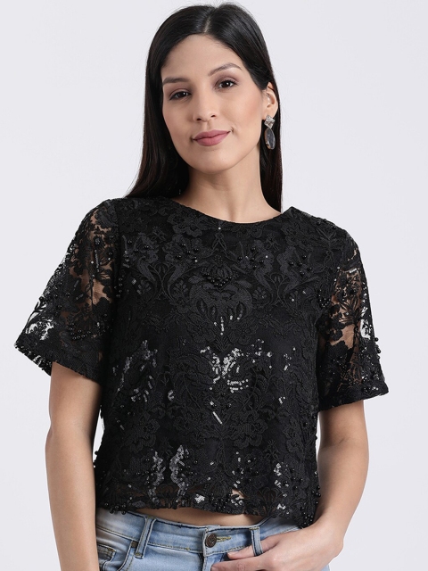 

Zink London Women Black Self Design Embellished Lace Crop Top
