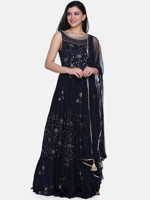

BOMBAY SELECTIONS Women Navy Blue Embroidered Kurta with Churidar & Dupatta