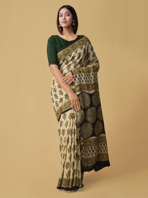 

Unnati Silks Cream & Green Pure Cotton Bagru Printed Kota Saree