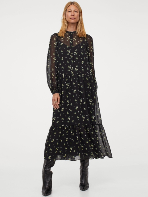 

H&M Women Black Printed Puff-Sleeved Chiffon Dress