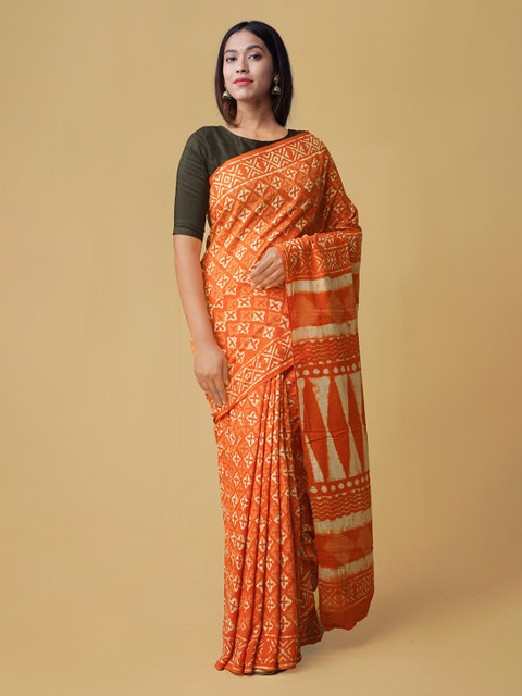

Unnati Silks Orange Pure Cotton Printed Handloom Kota Saree