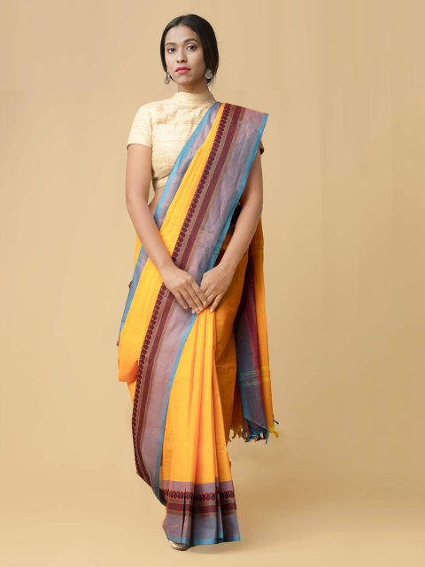 

Unnati Silks Yellow & Blue Pure Cotton Solid Kanjeevaram Handloom Saree