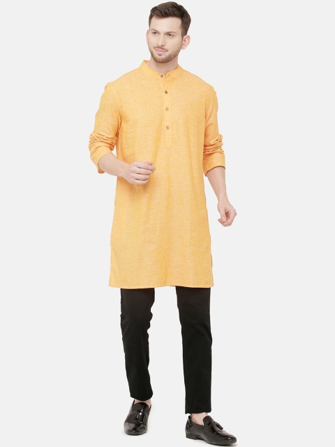 

CAVALLO by Linen Club Men Yellow Solid Straight Cotton Linen Kurta
