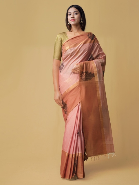 

Unnati Silks Peach-Coloured & Red Pure Cotton Striped Uppada Saree
