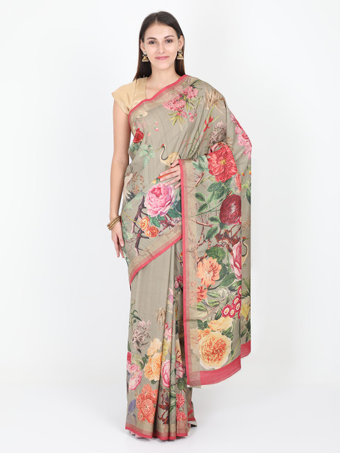 

SABOO COLLECTIONS Grey & Pink Pure Silk Printed Tussar Saree