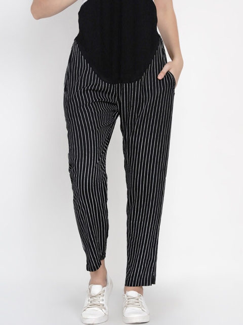 

Mine4Nine Women Black & White Straight Fit Striped Maternity Regular Trousers