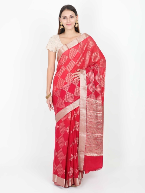

SABOO COLLECTIONS Red & Gold-Toned Pure Silk Georgette Woven Design Saree