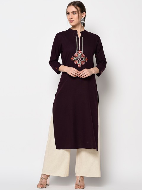 

Yufta Women Purple Solid Embroidered Detail Straight Kurta