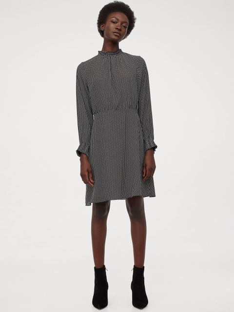 

H&M Women Black Printed Pleated-Collar Dress