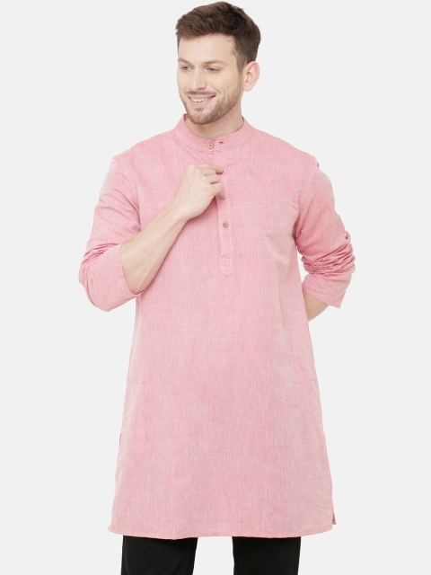 

CAVALLO by Linen Club Men Pink Solid Straight Cotton Linen Kurta