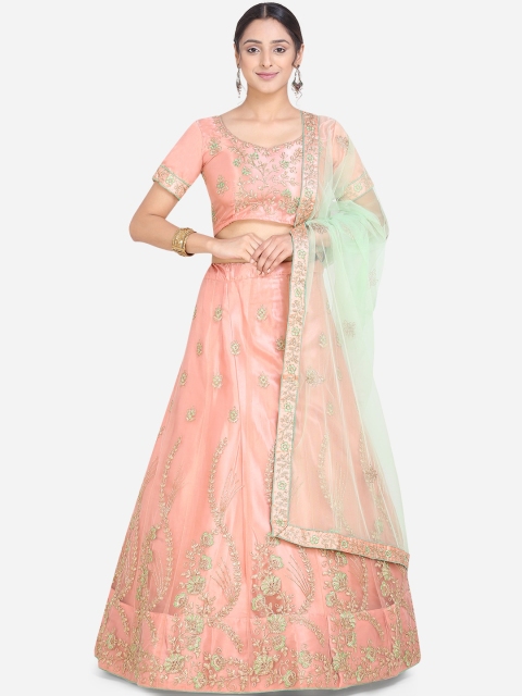 

Mitera Peach & Green Embroidered Semi-Stitched Lehenga & Unstitched Blouse with Dupatta