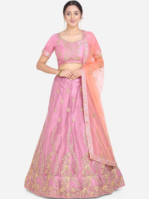 

Mitera Pink & Gold-Coloured Embroidered Semi-Stitched Lehenga & Unstitched Blouse with Dupatta