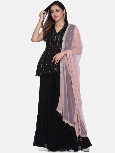 

BOMBAY SELECTIONS Women Black & Pink Embroidered Kurta with Sharara & Dupatta
