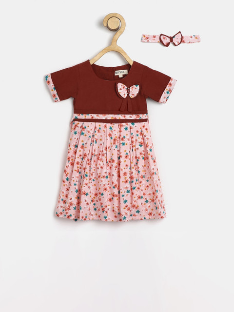 

Bella Moda Girls Maroon & Pink Printed Fit and Flare Dress with Hairband