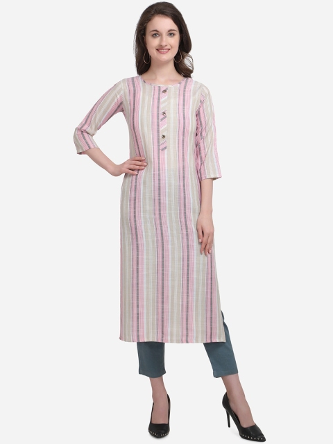 Kvsfab Women Pink & White Striped Straight Kurta