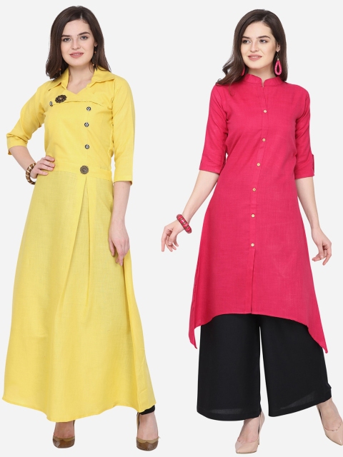 

Silk Bazar Women Pack Of 2 Yellow & Pink Solid Kurta with Palazzos