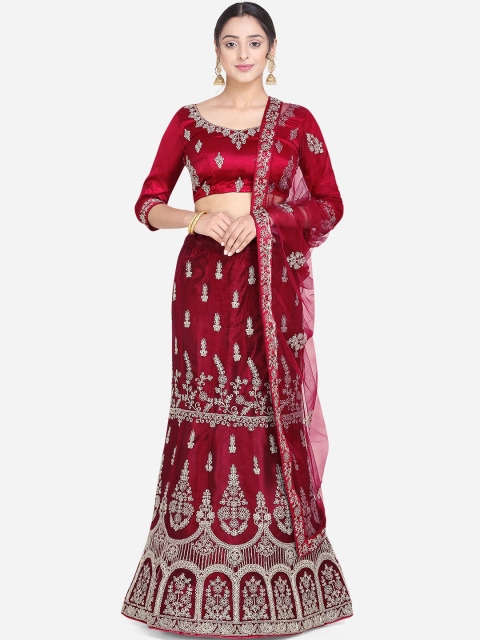 

Mitera Maroon & Gold Embroidered Semi-Stitched Lehenga & Unstitched Blouse with Dupatta