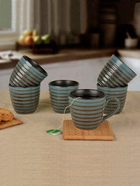 

StyleMyWay Blue & Black 2 Pcs Textured Hand Glazed Ceramic Mugs Set