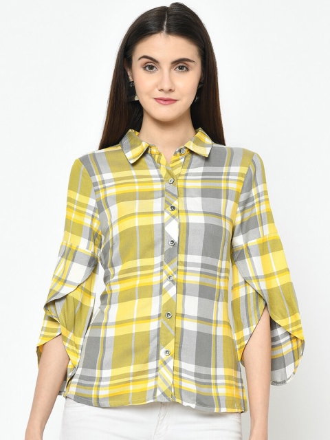 

Latin Quarters Women Yellow & Grey Checked Shirt Style Top
