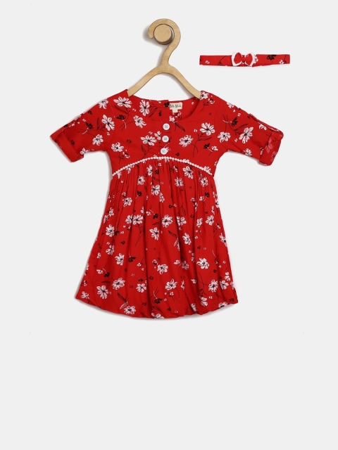 

Bella Moda Girls Red & Off-White Floral Printed A-Line Dress